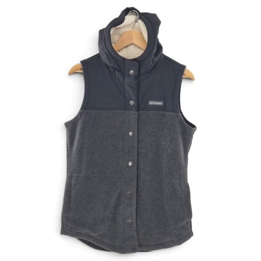 Columbia Women's Black Gray Hooded Fleece Vest Med Snap Front Sherpa Lined Hood